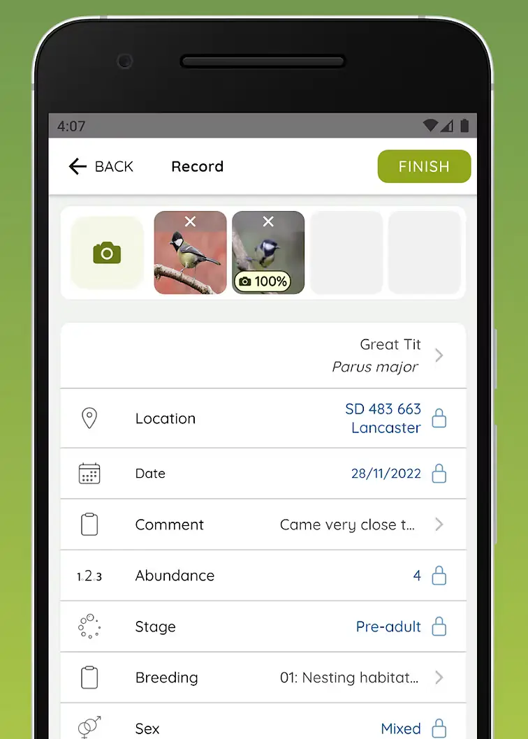 Close-up screenshot of the iRecord app showing detailed species record entry fields including grid reference, abundance, life stage and breeding status.